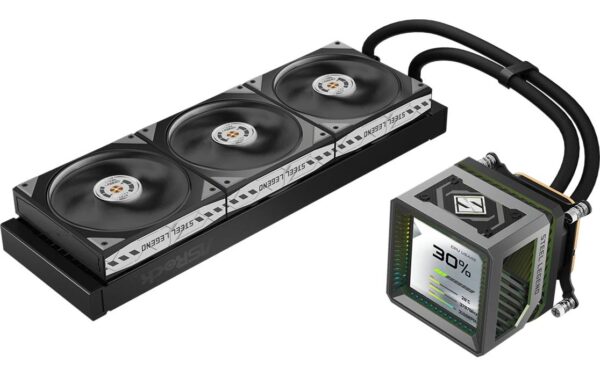 2044895_4 - Mediatech ASRock Steel Legend Dark 360 LCD Liquid CPU Cooler, 3.4 LCD, 3x120mm ARGB