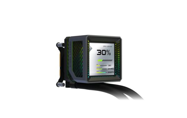 2044895_7 - Mediatech ASRock Steel Legend Dark 360 LCD Liquid CPU Cooler, 3.4 LCD, 3x120mm ARGB