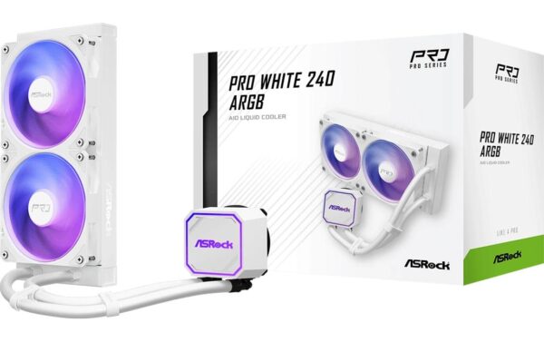 2044903_5 - Mediatech ASRock Pro White 240 ARGB Liquid CPU Cooler, 2x120mm ARGB