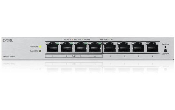 2051426_2 - Mediatech ZyXEL GS1200-8HP v3 8 Port PoE+ Switch 4x GbE PoE+ 4xGbE, lüfterlos,web-managed