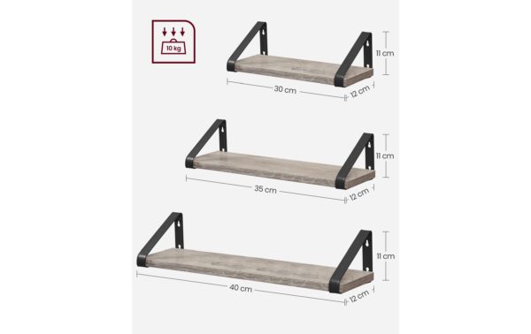 Vasagle Wandregal 3er Set 40/35/30x12x11 cm, Stahl, Spanplatte