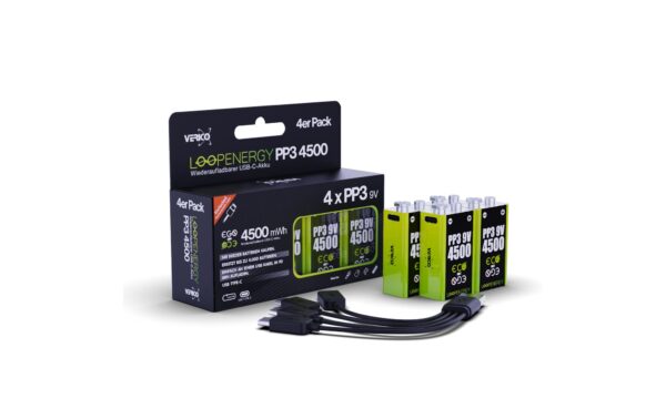 Verico LoopEnergy 9V-Block, USB-C, 500mAh 9.0V 4500mWh, Akku Li-Ion, 4 Stk