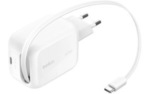 BELKIN BoostCharge Pro 45W GaN-Ladegerät Dual, Einziehbares Kabel, Weiss