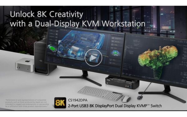 Aten CS1942DPA Switch Dual View 2 Port USB 8K DisplayPort Dual Display KVMP Switch