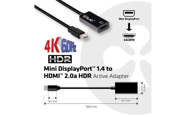 Club 3D, Adapterkabel mDP 1.4 auf HDMI 2.0a HDR, L= 184 mm