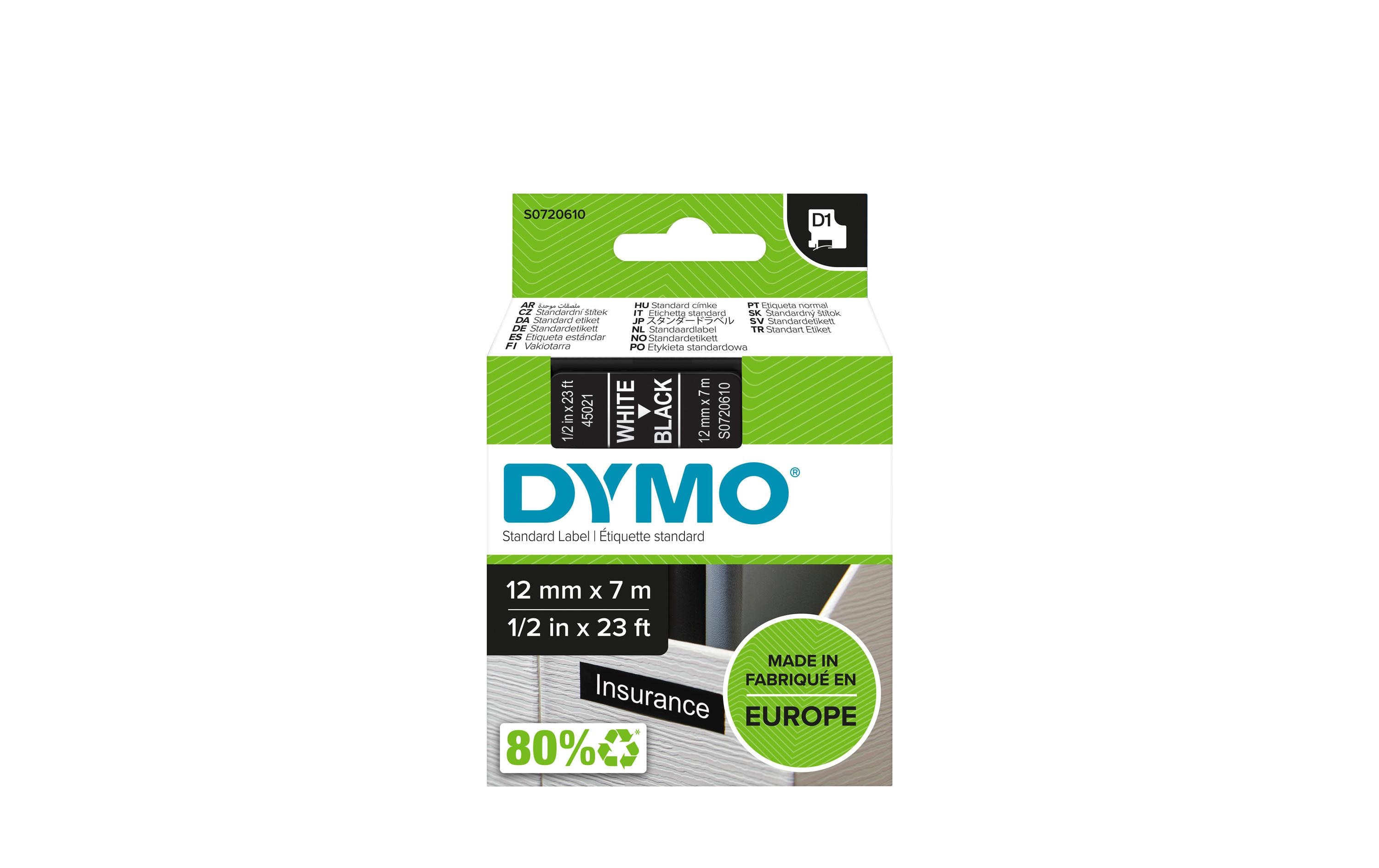 80525 - Mediatech Dymo Schriftband D1, 12mm x 7m, Band: schw. Schrift: weiss - für alle LabelManager kaufen Schweiz | Mediatech.ch