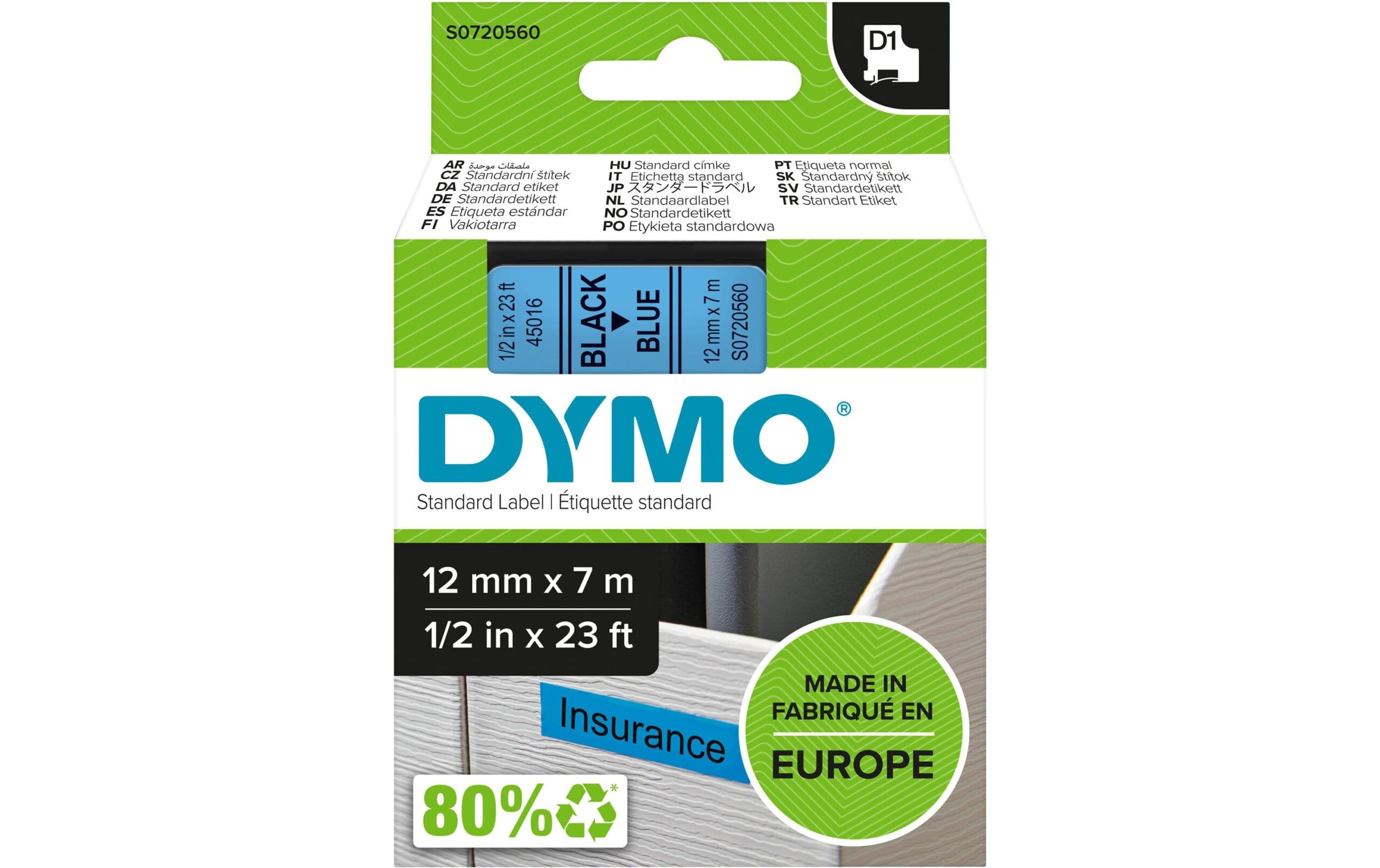 80528 - Mediatech Dymo Schriftband D1, 12mm x 7m, Band: blau Schrift: schwarz - für alle LabelManager kaufen Schweiz | Mediatech.ch