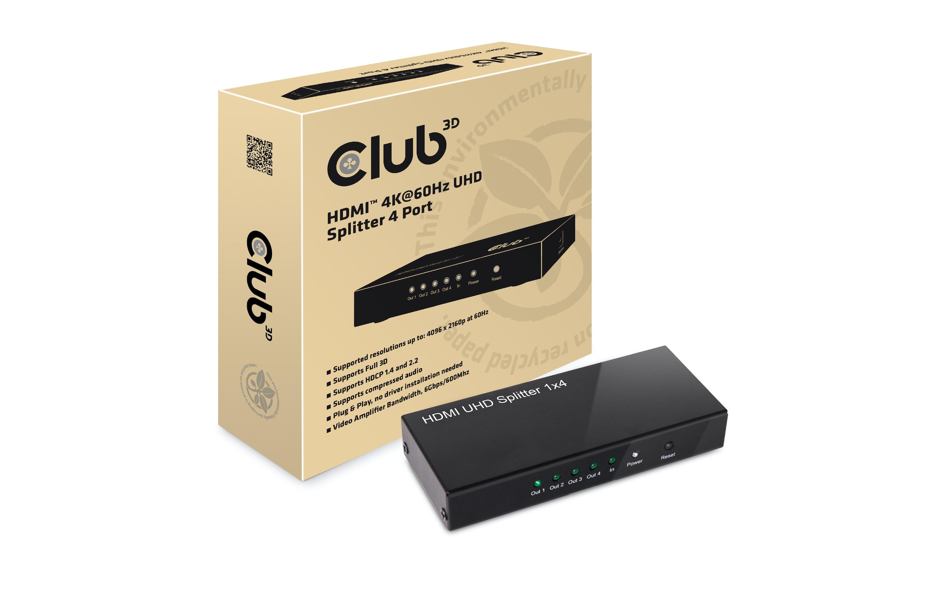 849584 - Mediatech Club 3D, HDMI 2.0 UHD Splitter 4 Port 4K60Hz