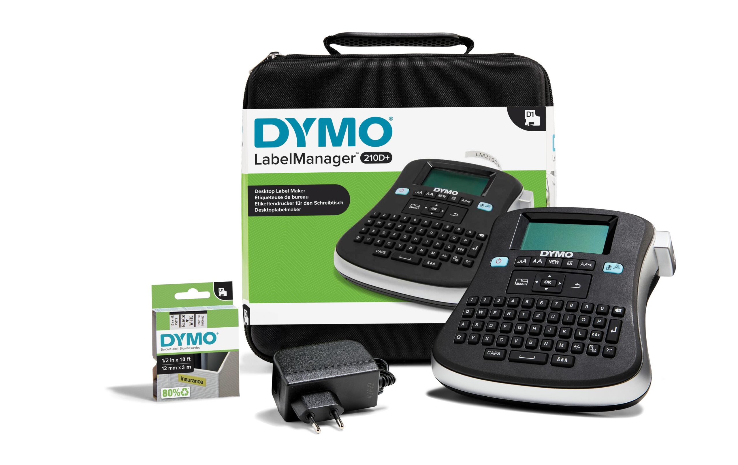 97067 - Mediatech DYMO LabelManager 210D, im Koffer mit D1 Band (12mm x 3m) und Adapter kaufen Schweiz | Mediatech.ch